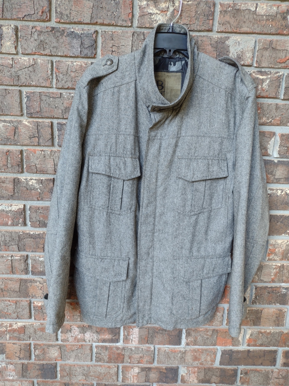BKE Buckle Jacket Mens XL Wool Blend Gray Zip Snap Flap Pockets Military Style